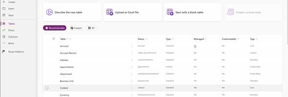 New table creation experience in Maker Portal